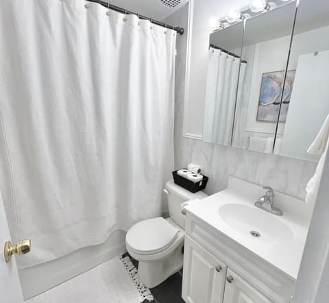 Combined shower/tub, hair dryer, towels, soap