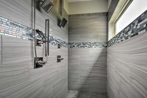 Combined shower/tub, hair dryer, towels, soap