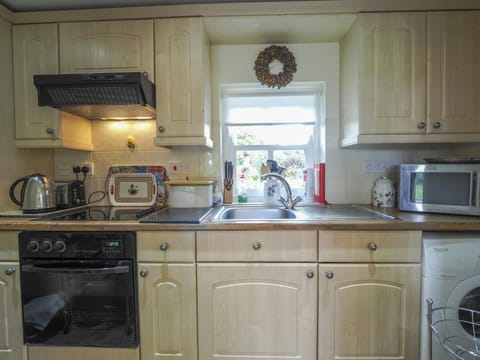 Kitchen with elective oven, hob and extractor, microwave, toaster and kettle