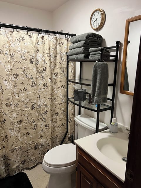 Combined shower/tub, hair dryer, towels, soap