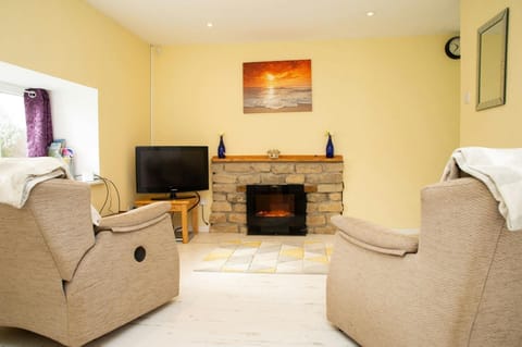 Living room with Smart TV on stand. Fireplace and mantle