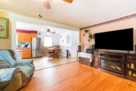 TV, fireplace, books