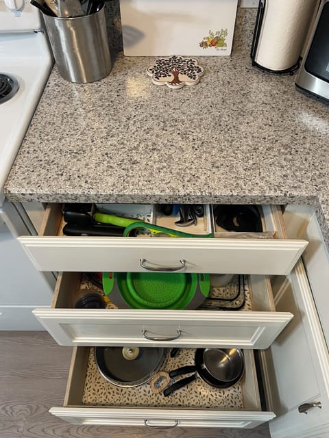 Lots of pots, pans, and other kitchen necessities.