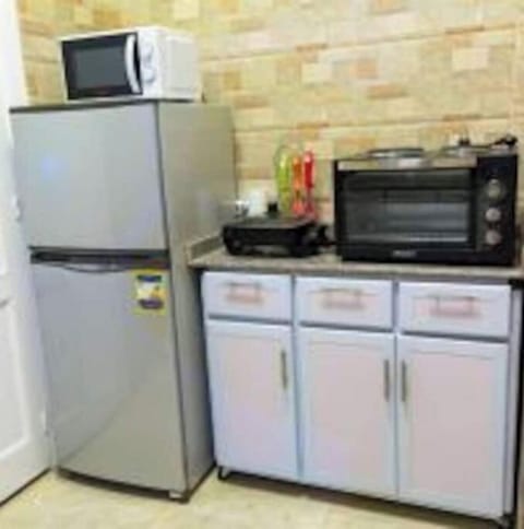 Fridge, microwave, electric kettle, cookware/dishes/utensils