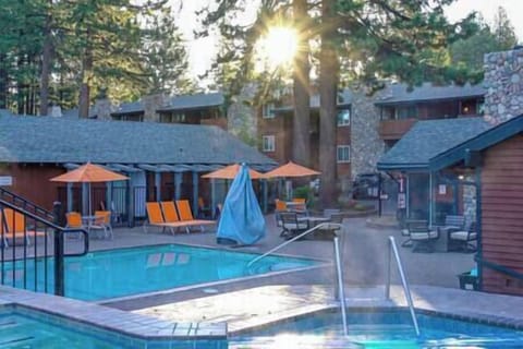View from the Two-tiered year round hot tubs. 
(Pool is seasonal, hot tubs are open).