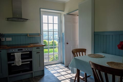 Kitchen showing doorway to downstairs living room and garden