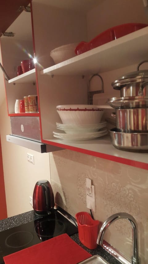 Fridge, stovetop, cookware/dishes/utensils, dining tables