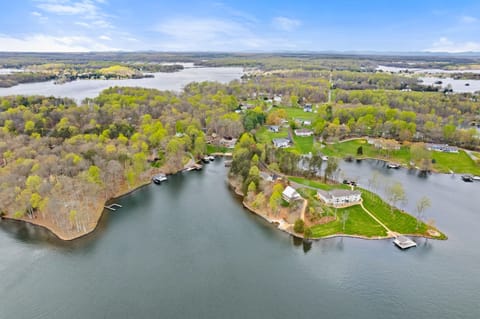 Sweeping aerial view of a lush peninsula with elegant homes and private docks on a vast and serene lake