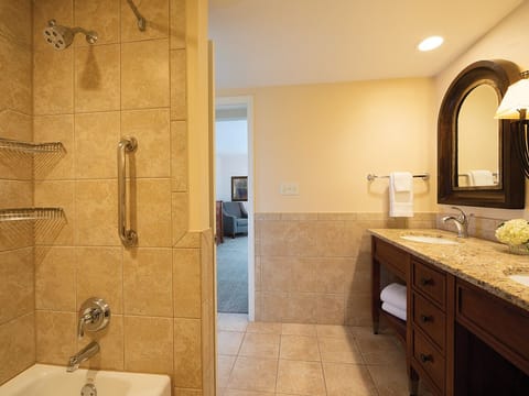 Shower, jetted tub, hair dryer, towels