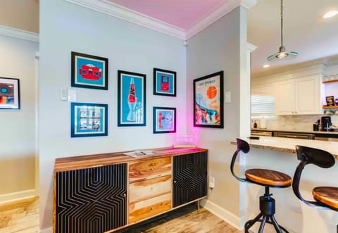 The stylish decor adds a touch of personality and charm to the kitchen area.