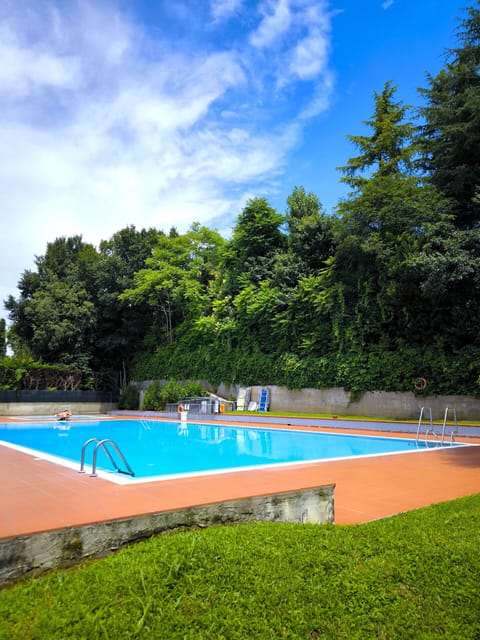 Outdoor communal swimming pool surrounded by greenery, ideal for relaxing and enjoying moments of tranquility during your stay.