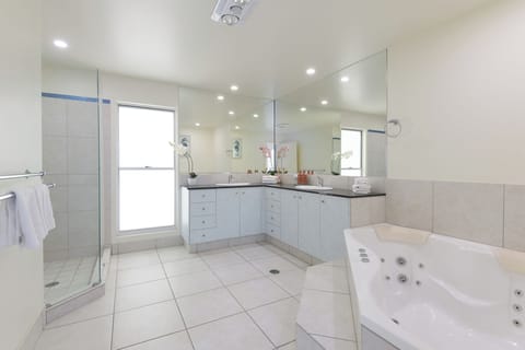 Shower, jetted tub, hair dryer, towels