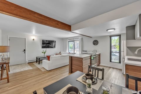 Dining, kitchen and living area.