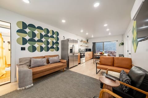 Welcome to our open living room/dining room.