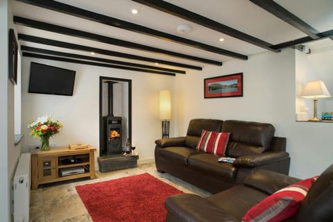 Living area with sofa, armchair, woodburner, coffee table and tv