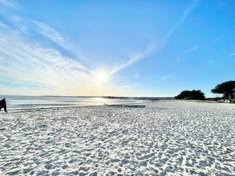 On the beach, sun loungers