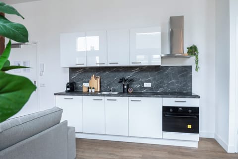 Modern kitchen with glossy white cabinets, black marble countertops, stainless steel accents, and minimalist decor for a sleek, functional space.