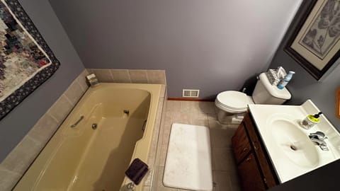 Jetted tub, hair dryer, towels, soap