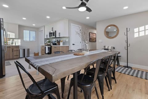 The kitchen is just past the dining room.