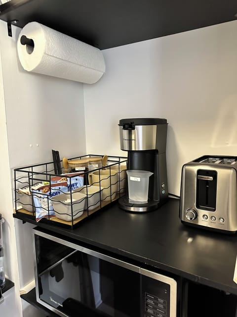 Fridge, microwave, coffee/tea maker, electric kettle