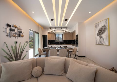 The open-plan design seamlessly integrates the living room, dining area and kitchen.