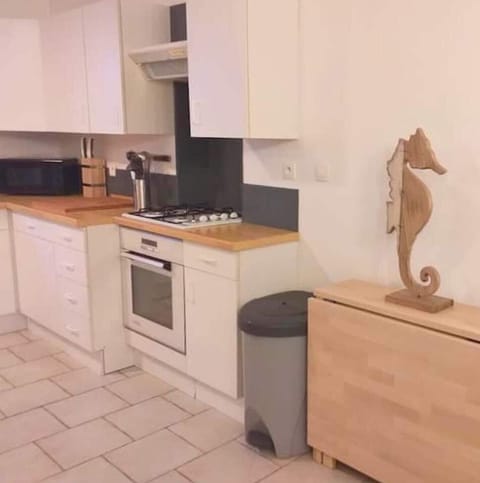 Large kitchen opening onto the living room, fully equipped