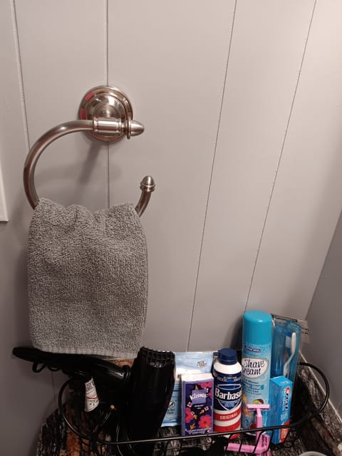 Hair dryer, towels, soap, shampoo