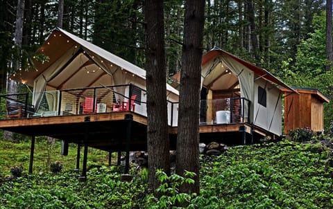 A picturesque glamping tent nestled in the forest, providing a serene escape into nature.