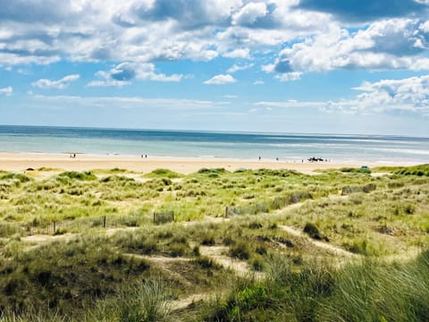 On the beach, sun loungers, beach towels