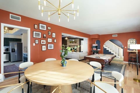 Alongside a chic dining table seating eight