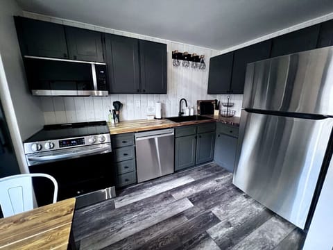 Full kitchen with microwave, stove/oven combo, dishwasher, full size fridge/freezer.