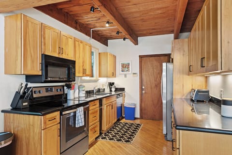A full, galley-style kitchen.