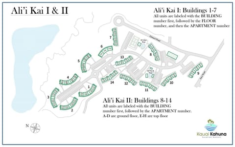 Map - A map of the complex. Alii Kai 2201 is in building number 2 on the second floor, and the pool is down the road adjacent to building 8