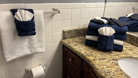 Hair dryer, towels, soap, toilet paper