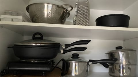 Fridge, microwave, toaster, cookware/dishes/utensils