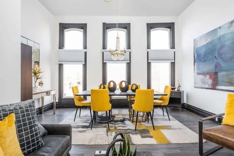 Large dining space with a view of downtown
