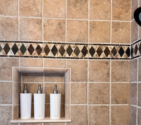 Shampoo, conditioner, and body soap are included.