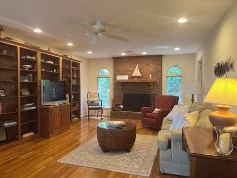 Smart TV, fireplace, books