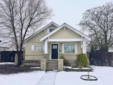 Exterior view of The Garland House blanketed in fresh snow.