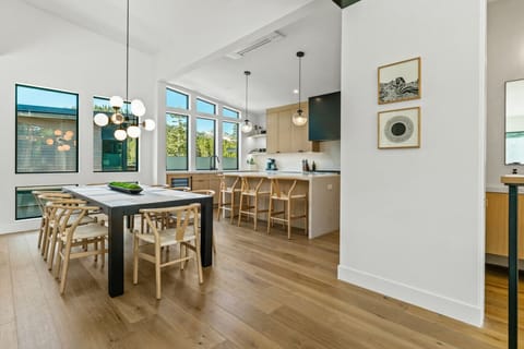 Dine in style under the vaulted beams.