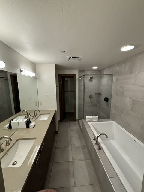 Shower, jetted tub, hair dryer, towels