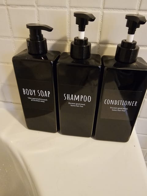 Hair dryer, towels, soap, shampoo