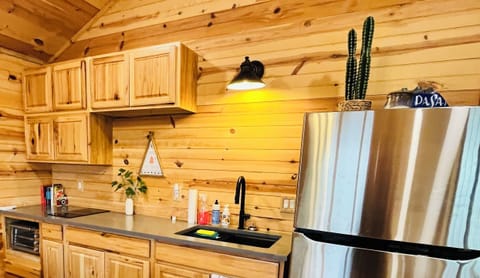 Kitchenette with full size refrigerator and top freezer.