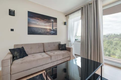 Living room with a double sofa bed, coffee table, flat screen TV and exit to the balcony.