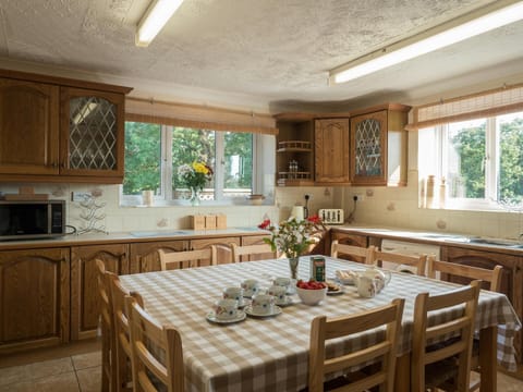 Kitchen cupboards, dining table and two large windows