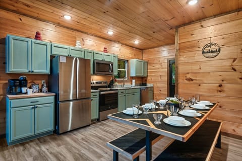 Modern cabin kitchen in Pigeon Forge, TN with stainless steel and rustic charm.