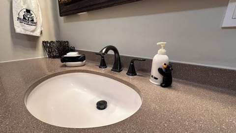 Jetted tub, hair dryer, towels