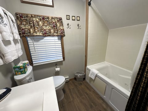 Jetted tub, hair dryer, towels