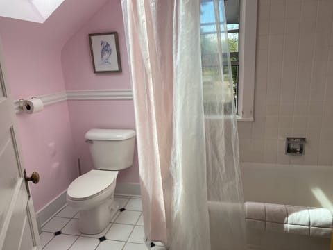 Pink bathroom with porcelain soaking tub.