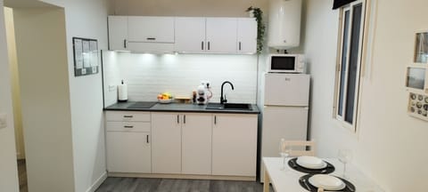 Fridge, microwave, stovetop, electric kettle